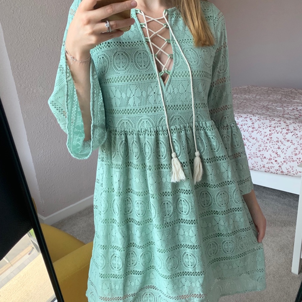 📦 MOVE OUT SALE - Sage Green Bell Sleeve Lace Midi Dress
